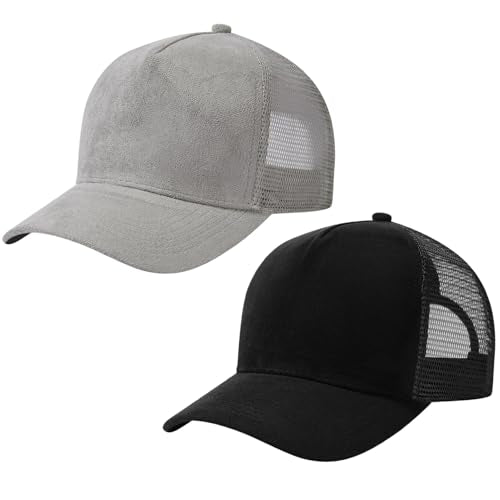 Suede Curved Brim Trucker Cap Adjustable Snapback Hat Mesh Back Breathable for Men Women 2 Pack SH03 - color: Pack of 2, Light Grey & Black