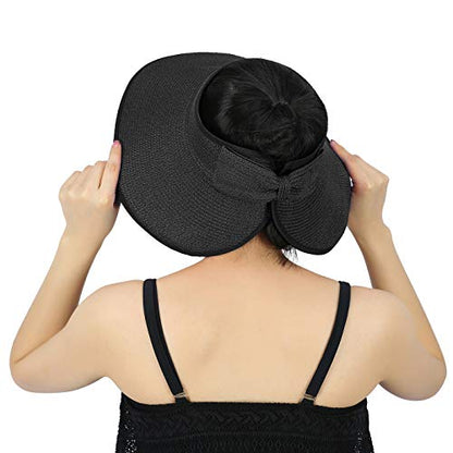 HDE Sun Visor for Women Roll Up Packable Ponytail Beach Sun Hat with Bow - color: Black