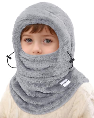 Kids Balaclava Ski Mask Windproof Hooded Face Mask Thermal Fleece Winter Hat for Boys Girls - color: Light Grey