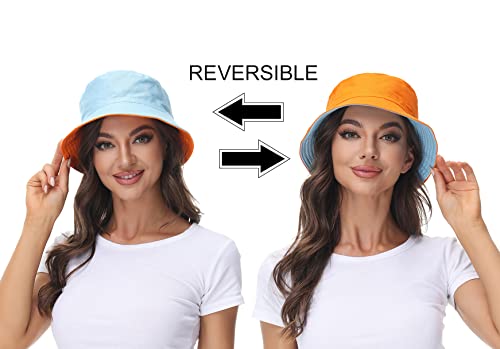 Women Reversible Bucket Hat, Summer Sun Hat for Women - color: Skyblue- Orange
