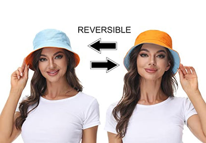 Women Reversible Bucket Hat, Summer Sun Hat for Women - color: Skyblue- Orange