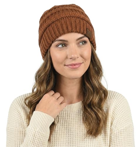 C.C Unisex Chunky Soft Stretch Cable Knit Warm Fuzzy Lined Skully Beanie - color: Clay