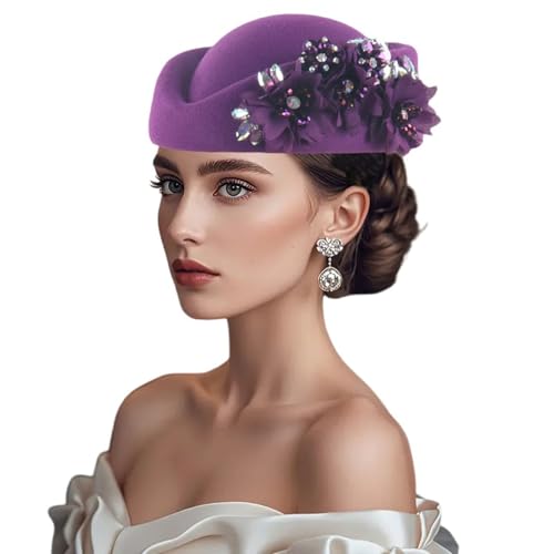 Women Vintage Church Hat Applique Felt Pillbox Hat Fascinator Tea Party Cap - color: Z1-purple