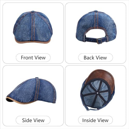 meioro Mens Denim Newsboy Hat 6 Panel Cotton Adjustable Flat Cap - color: Navy Blue