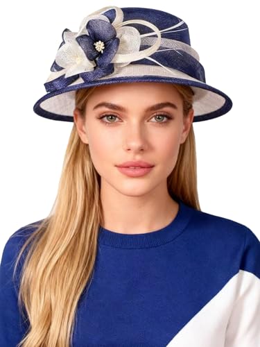 HIMESPORT Retro Sinamay Veil Flower Bride Wedding Fascinator Hat Feather Bowler Hat Hair Accessory Banquet Cocktail Party - color: Blue White