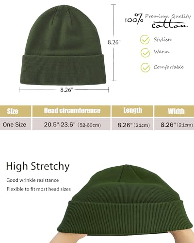 vidsel 100% Cotton Beanie Hat-Unisex Winter Knit Cuffed Beanies Skull Cap - color: 1-olive Green