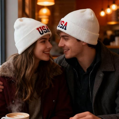 American Flag Beanie, USA Embroidered Winter Hat for Women Men - color: Usa-white