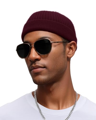 vidsel Thin Wool Fisherman Beanie for Men Short Knit Cuff Trawler Watch Hat - color: 1pcs-wine Red