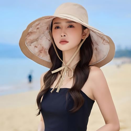 HUAMULAN Women Wide Brim Reversible Sun Hat Summer Beach Fishing Bucket - color: Khaki