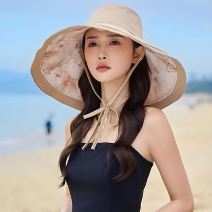 HUAMULAN Women Wide Brim Reversible Sun Hat Summer Beach Fishing Bucket - color: Khaki