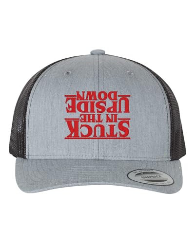 Go All Out Stuck in The Upside Down Dad Deluxe Trucker Flatbill Baseball Structured Embroidered Hat - color: Heather Grey/ Black