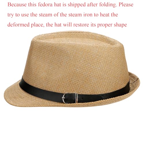 Straw Fedora Hat for Men Women Short Brim Trilby Hat Packable Roll Up Panama Jazz Cap Summer Beach Sun Cap - color: Dark Brown
