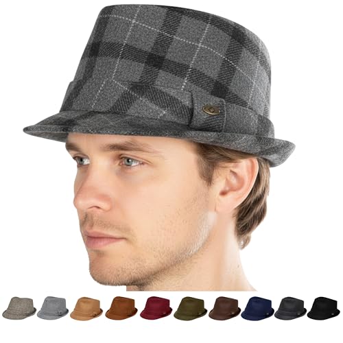 Funky Junque Mens Wool Blend Fedora, Vintage Winter Dress Hat - color: Checkered Light Grey, size: 6 3/4-7 1/8