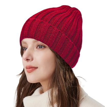 ZOORON 1&2 Winter Beanie for Women Soft Warm Slouchy Knit Hat Ski Stocking Cuffed Cap - color: Wine Red