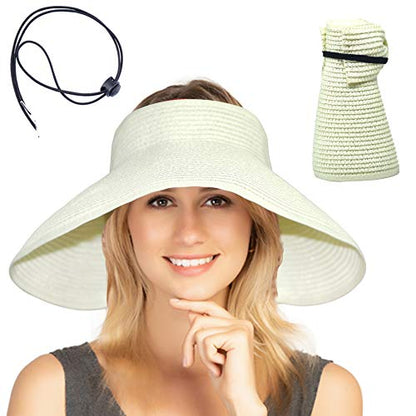 Women Sun Visors Foldable Straw Hats Summer Beach Packable Hat Floppy Wide Brim Cap Deep Style, Adjustable Size - color: White 3
