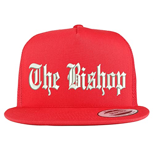 Trendy Apparel Shop The Bishop Old English Embroidered 5 Panel Flatbill Trucker Cap - color: Red