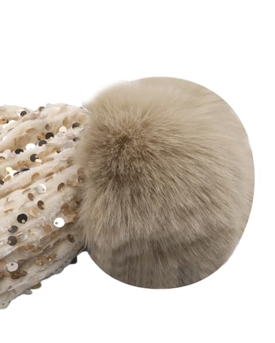 Women Sparkly Sequins Knitted Beanie Hat Warm Winter Skull Cap with Faux Fur Pom Pom - color: X Beige With Knit Cuffs