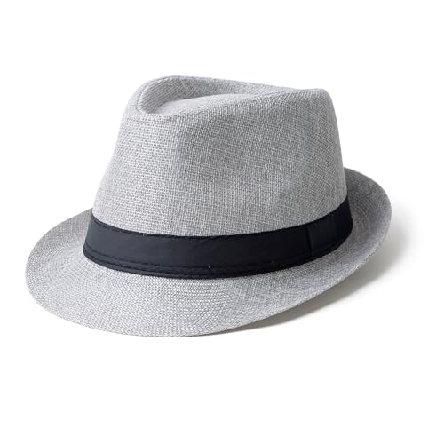 Classic Short Brim Fedora Summer Beach Trilby Hat - color: Black Band-light Grey