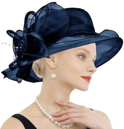 Women's Kentucky Derby Church Dress Hat Wide Brim Leaf Flower Bridal Shower Hat - color: F13 Navyblue