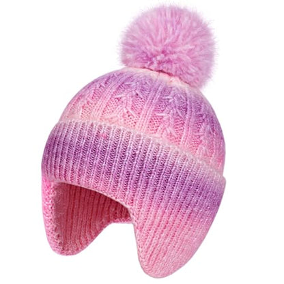 Toddler Earflap Beanie Hat with Rainbow Pom for Little Girls Knitted Beanies Kids Winter Skiing Caps Age 3-8 - color: Multicolor 02