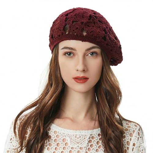 ZLYC Women Cotton Slouchy Crochet Beret Handmade Cutout Floral Beanie Hat - color: Floral Burgundy