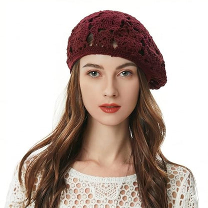 ZLYC Women Cotton Slouchy Crochet Beret Handmade Cutout Floral Beanie Hat - color: Floral Burgundy