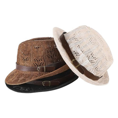 Unisex Summer Mesh Fedora Hat Sun Short Brim Panama Hat Beach Hat Packable Breathable Classic Retro Trilby Hat - color: Black