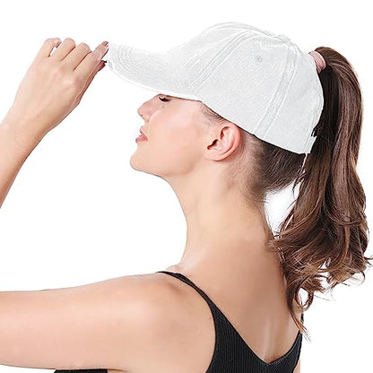 Criss Cross Ponytail Hat Women Washed Distressed Baseball Caps Adjustable High Messy Bun Ponycap - color: B - Denim White