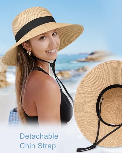 Sun Straw Hats for Women, Wide Brim Summer Beach Hat - color: Beige Khaki, size: Large