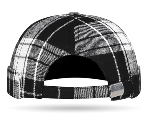 DIYDECAL Striped Plaid Brimless Worker Cap,Retro Skullcap Docker Hat for Men Womens - color: Black