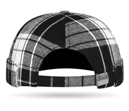 DIYDECAL Striped Plaid Brimless Worker Cap,Retro Skullcap Docker Hat for Men Womens - color: Black