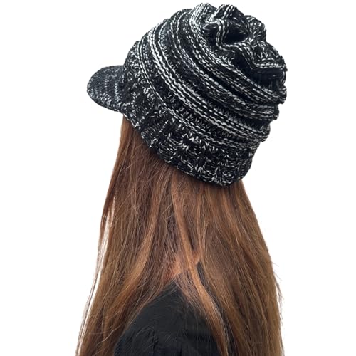 XYIYI Beanie Tail Winter Warm Knit Messy High Bun Ponytail Hats Visor Beanie Cap - color: A Black White
