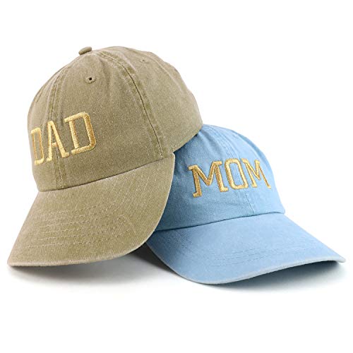Trendy Apparel Shop Capital Gold Thread Mom and Dad Pigment Dyed 2 Pc Cap Set - color: Light Blue Khaki