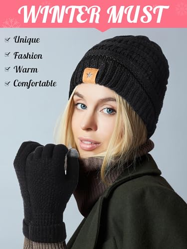 JaGely 8 Pieces Women Winter Hats and Gloves Set Women Warm Touchscreen Knitted Lined Gloves Winter Beanies - color: Black, Dark Gray, Caramel, Beige