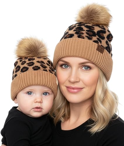 Funky Junque Mommy & Me Pom Pom Beanies Set – Infant Baby & Mom Matching Winter Outfits, Warm Newborn & Women's Beanie Hats - color: Leopard - Latte