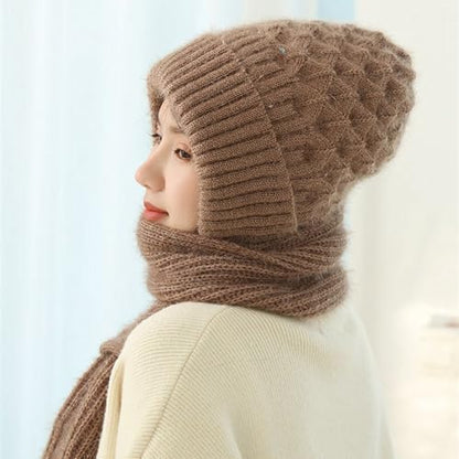 Women Winter Warm Elastic Soft Ear Protection Knitted Scarf Hat Fleece Lined Beanie Hat - color: Khaki