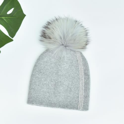 Women's Knitted Angora Wool Hat for Autumn and Winter Warm and Stylish with Rolled Brim and Slanted Rhinestones Cap - color: A-silver