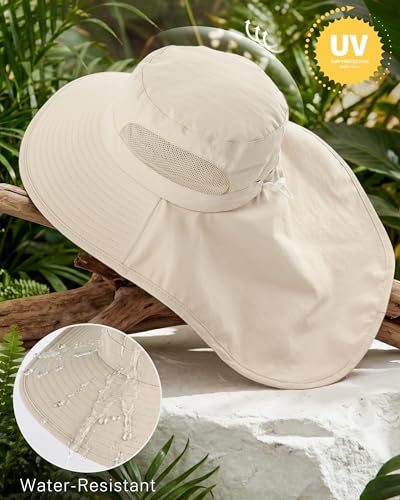Women Sun Hats UV Protection Wide Brim with Bucket Ponytail Hole - color: Beige