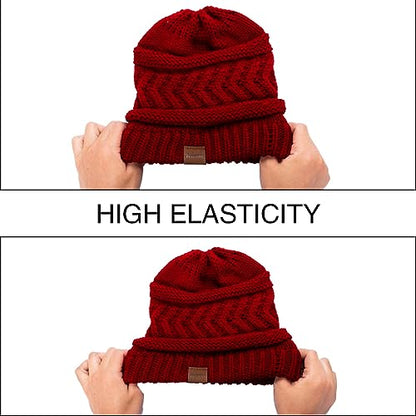 Rosoz 2 Pack Ponytail Beanie for Women,Winter Warm Beanie Tail Soft Stretch Cable Knit Messy High Bun Hat - color: 1pack-wine Red