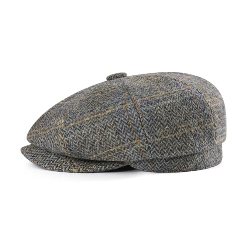 FEINION Men 8 Panel Herringbone Wool Newsboy Cap - color: Plaid Khaki, size: 7 1/8