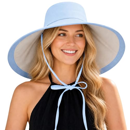 Wide Brim Sun Hat for Women Reversible Beach Hats Metal Wired Edge Gardening Hats, UPF 50+ Bucket Summer Hat - color: Blue Beige