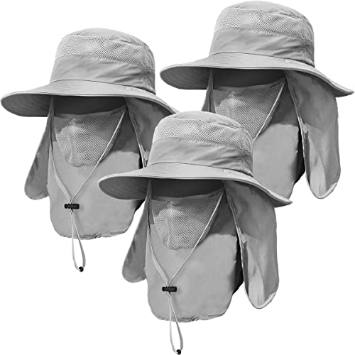 3 Pack Mens Outdoor Wide Brim Fishing Hat,UPF 50+ Sun Protection Cap with Face Neck Flap for Hiking & Garden - color: 3 Pack-light Grey