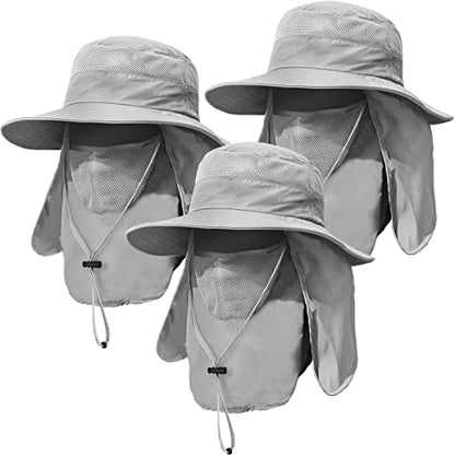 3 Pack Mens Outdoor Wide Brim Fishing Hat,UPF 50+ Sun Protection Cap with Face Neck Flap for Hiking & Garden - color: 3 Pack-light Grey