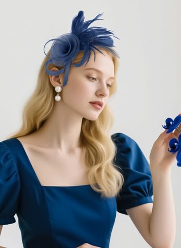 Zinniday Victorian Feather Fascinators Hats - 2025 Derby Attire Headwear with Hairpin,1920s Tea Party Hat for Woman - color: Navy Blue