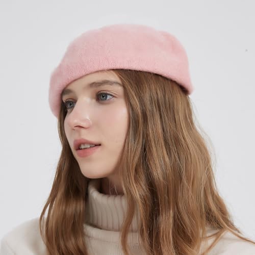 2 Pieces Beret Hat Women French Wool Beret Solid Color Beret Cap - color: Pink+white