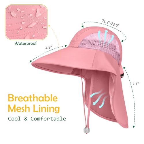 Kids Sun Hat UPF50+ Summer Beach Play Sun Protection Hats with Neck Flap for Ages 5~14 Girls Boys - color: Pink