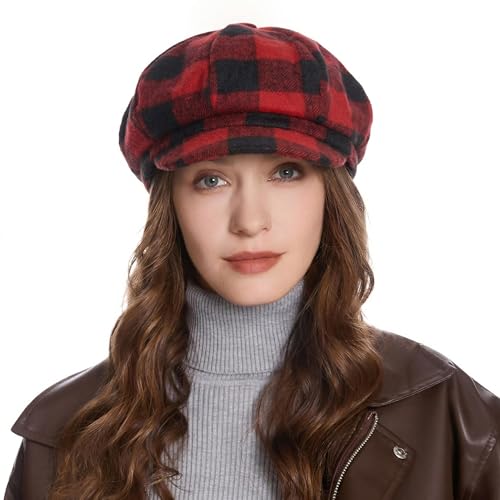 ZLYC Women Classic Newsboy Cap Visor 8 Panel Gatsby Cabbie Paperboy Hat - color: (Plaid) Red
