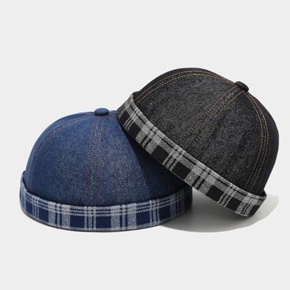Quanhaigou Brimless Sailor Cap,Adjustable Rolled Cuff Skull Beanie Hats for Men Women - color: Plaid Denim Black