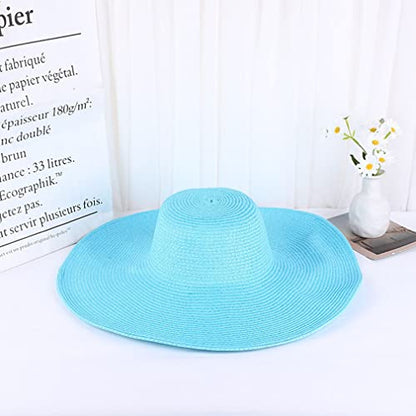 Big Beach Hats for Women Foldable Summer Wide Brim Packable Oversized Sun Hat Lady Girl Travel Straw Cap - color: Light Blue