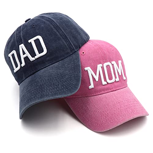 Mom and Dad Hats Fathers Day Mom Dad Gifts Hat Embroidered Adjustable Baseball Caps New Parents Gifts for Couples - color: Pink Mom Hat and Navy Blue Dad Hat